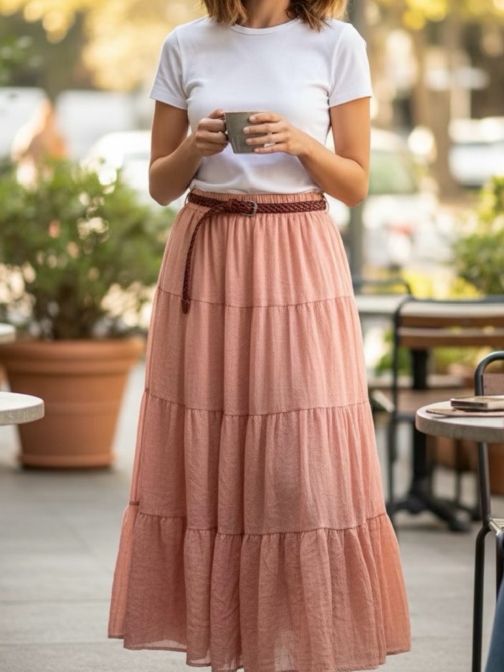 Blush Pink Flowy Soft Cotton Boho Tiered Midi Skirt Elastic Waist